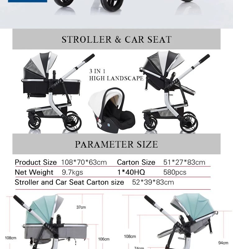 En 1888 Approved Luxury High Landscape Baby Stroller 3 In 1 With Car