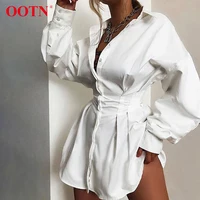 

OOTN Autumn Fall 2019 Ladies Lantern Long Sleeve Elegant Pleated Tunic White Women Dresses Office Shirt Dress With Belt