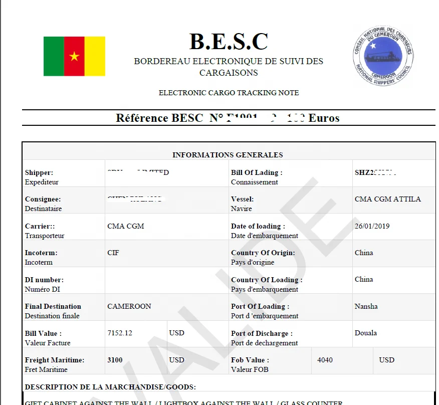 
CNCC ECTN APPLICATION FORM    CAMEROON BORDEREAU DE SUIVI DE CARGAISON (BESC)ELECTRONIC CARGO TRACKING NOTE (ECTN) 