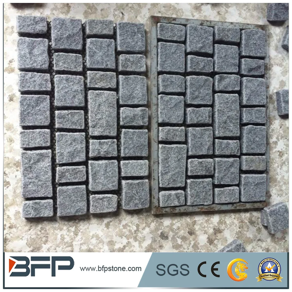 cheap grey color granite cube paving stone cobble stones on mesh