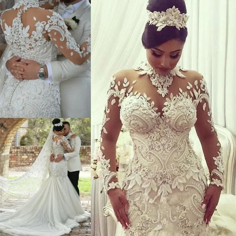 

Sexy Long Sleeve Bridal Dresses 2021 Robe de mariage Lace Wedding Dresses Abiti da sposa African Mermaid High-Neck Bridal Gowns