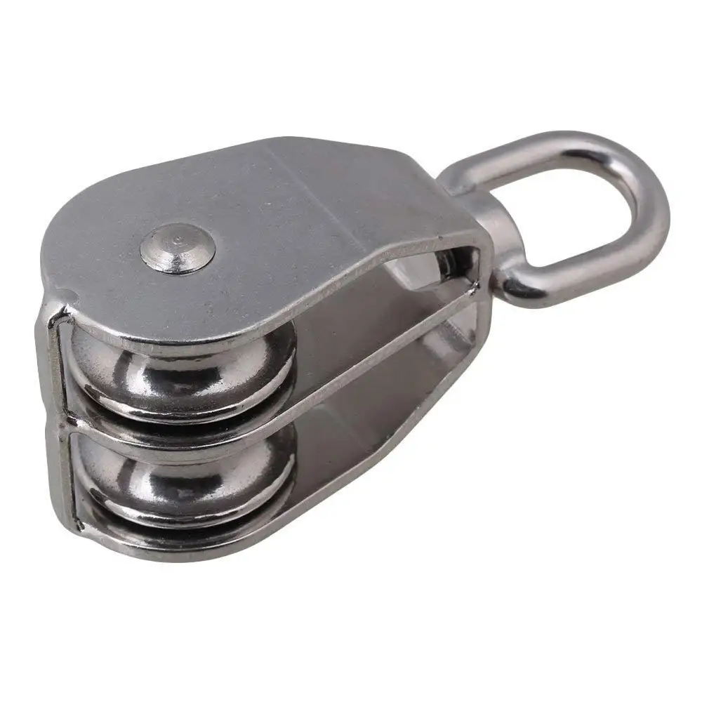 32mm/1.26inch Silver Swivel Double Pulley Block 304 Stainless Steel Double Pulley Rope Hoist