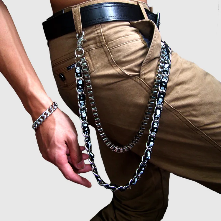 cadena y cartera calavera pistolas fuertes pantalones vaqueros moteros Hip Hop Rock Punk negro Cadenas de cintura pesadas para hombres 