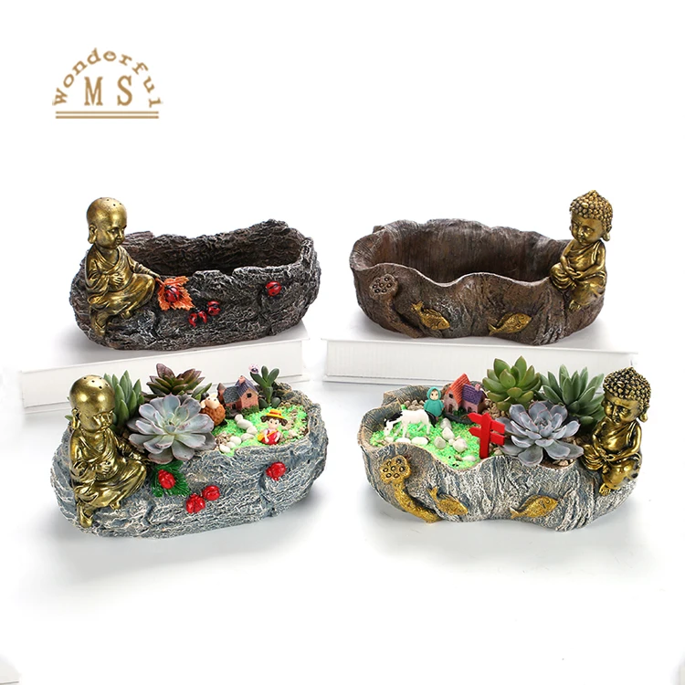 Resin Monk planter flower pot pool design,polyester fishing plantpot stone design, small polistone buddha garden flower pot