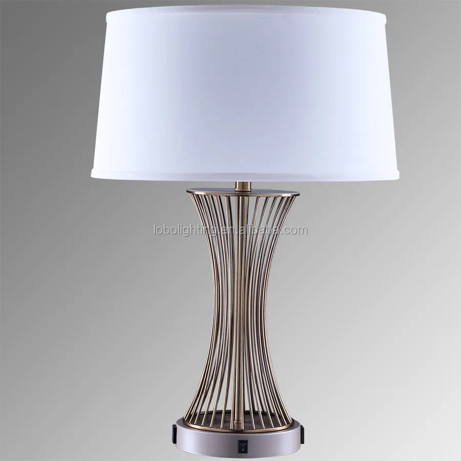 White Wooden Base Table Lamp With 2 Ac Outlets And On Off Switch For