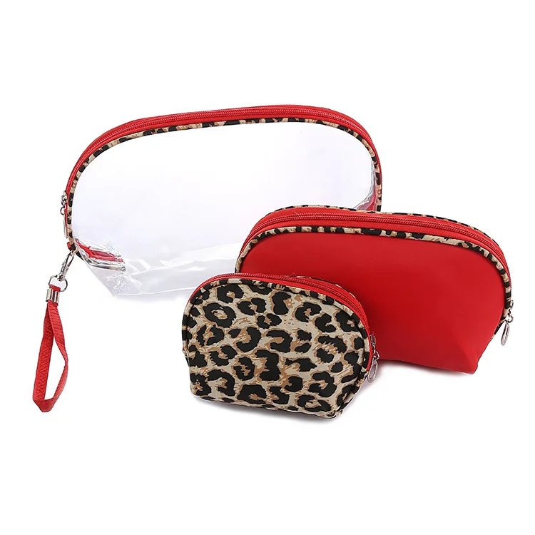 

Fashion Custom Clear PVC Travel Red Leopard Printing Three-piece Set Cosmetic Bag for Lady