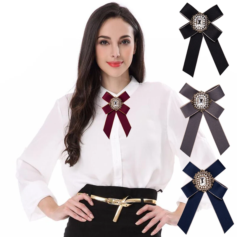 Vintage Women Brooch Big Ribbon Bowknot Shirt Dress Bow Tie Lace Collar ...
