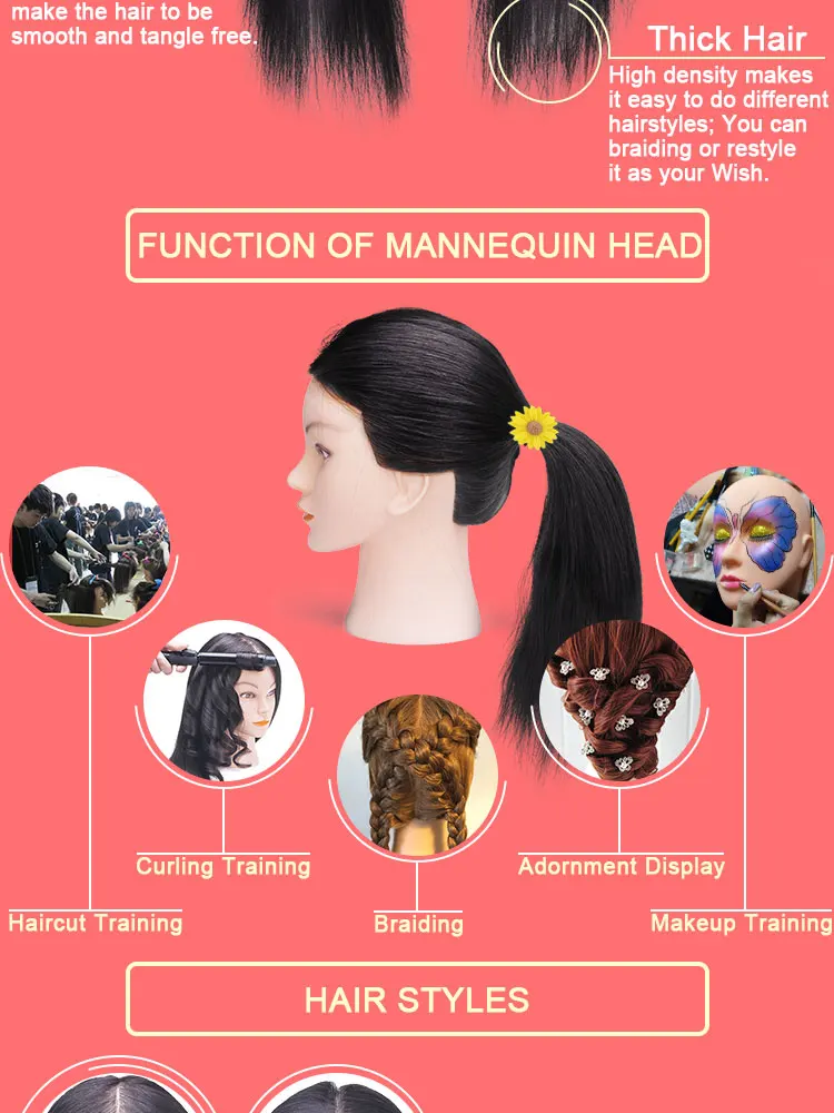 High Quality 100 Indian Black Hair Female Training Mannequin Head