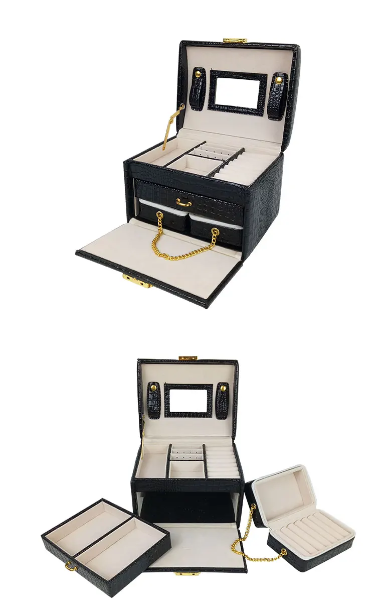 Lockable Leather Jewelry Box Velvet Inside Drawer Zipper Small Travel Wallet Leather Lady