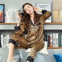 

long sleeve satin silk sleepwear nightwear leopard print pajamas set for women