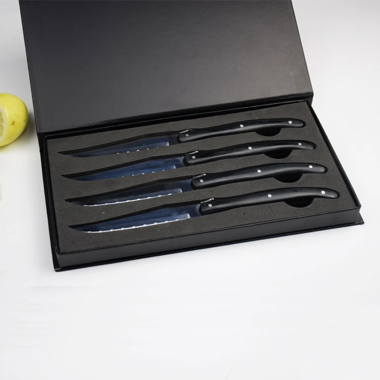 

4pcs laguiole stainless steel serrated 4pcs steak knife set with black pakka wood handle