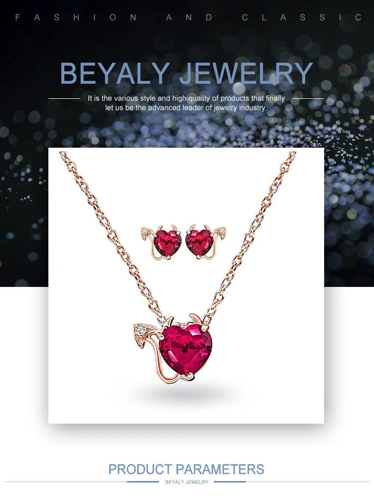 Red heart gemstone carved costume 18k gold plated jewelry set