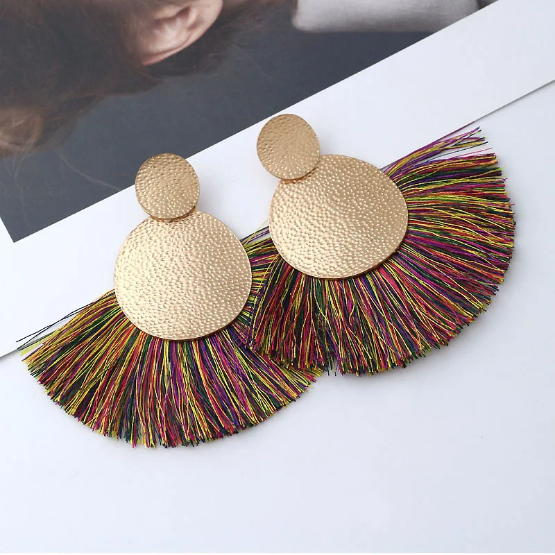 

Bohemian national geometry round large fan tassel earrings