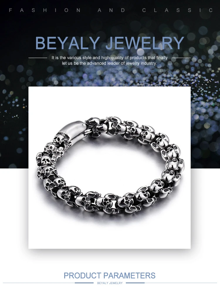 Wholesale men fashion skull engraved silver beads bracelets