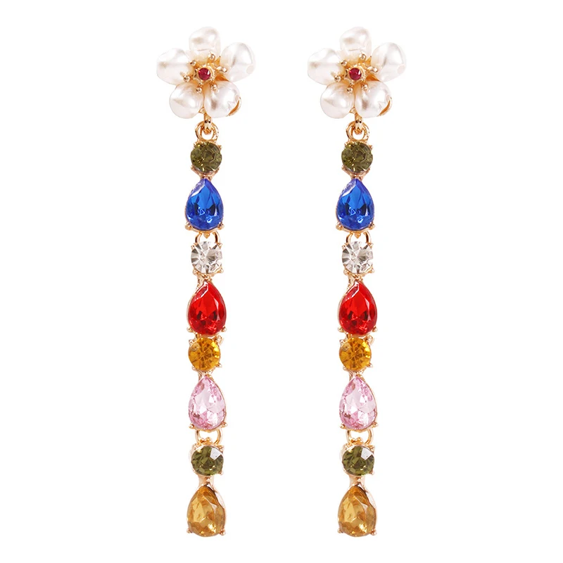 

2019 ZA Imitation Pearl Flower Drop Earrings Luxury Multicolor Crystal Long Tassel Dangle Earrings Jewelry (SK570), As picture