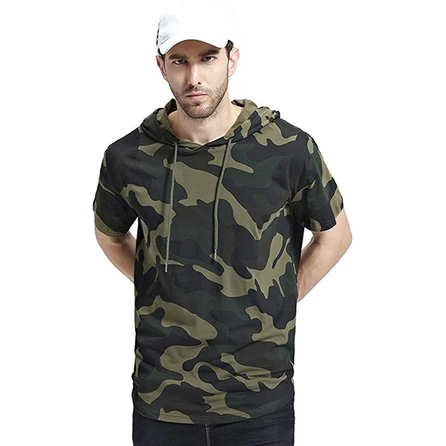 

Custom camo hoodies Fashion men print 100% cotton blank short sleeve hoodie with pockets, Customized color