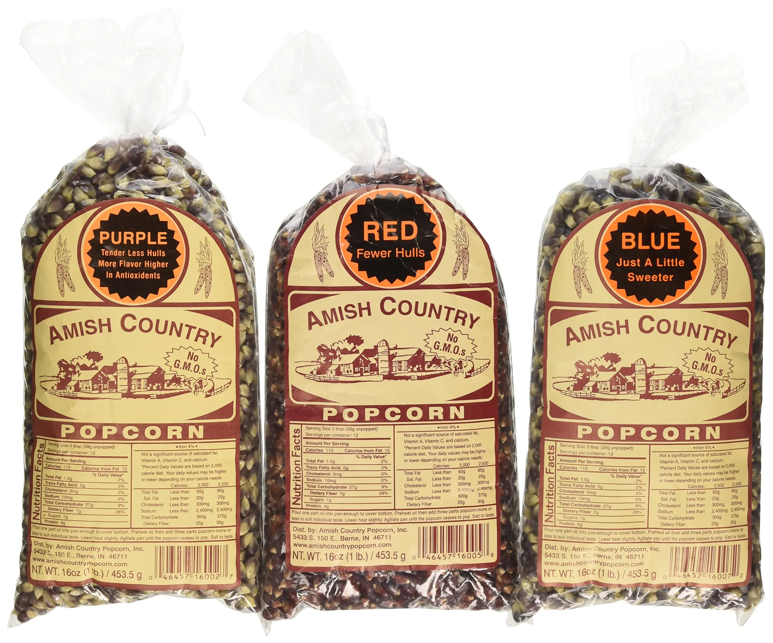 Amish Country Popcorn - 3 (1 lb. Bag Variety) Purple Popcorn, Blue Popcorn and Red Popcorn - with Recipe Guide