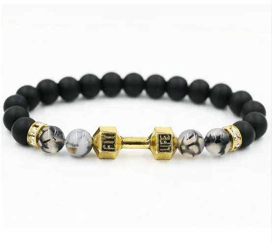 

Men's Matte Onyx Beaded Fitness Stretch Gold Barbell Bracelet