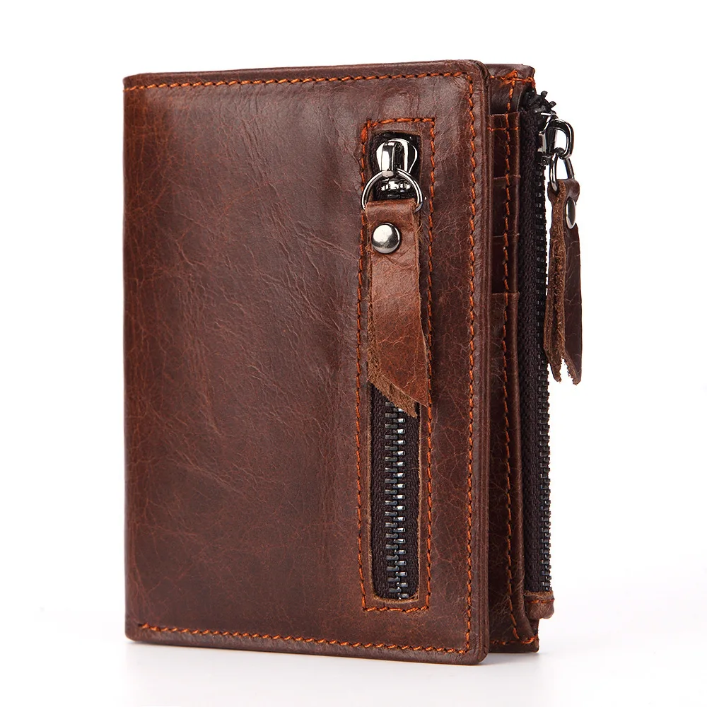 

Popular vintage cowhide leather double zipper purse men's short wallet, 3 colors