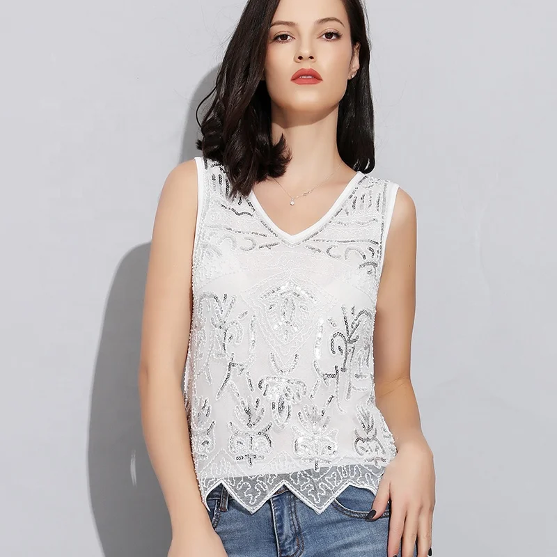 

Sequin Top V Neck for Women Sleeveless White Casual Mesh Tank Top Women Streetwear Sexy Ladies Tank Tops Women Summer 2019