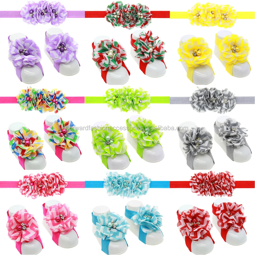 

Infant Baby Barefoot Chiffon Flower Sandals With Matching Headband Set, Multicolor