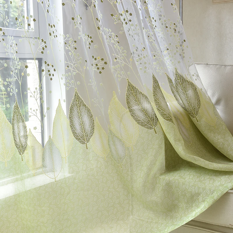 Decorative Turkish Design Green Leaves Printed Window Sheer Curtains ...