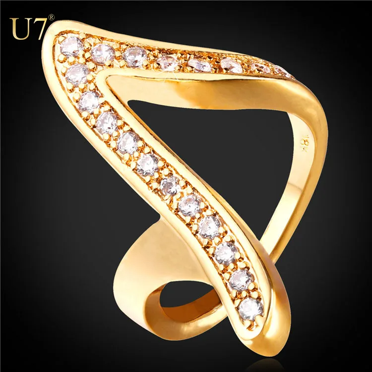 

U7 Fashion unique V Rings For Women Luxury Cubic Zirconia Ring 18k Gold Plated Geometric Crystal Cocktail Ring with gift box, Gold color