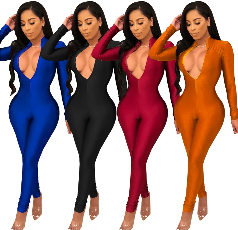 

Women Club Wear Sexy Jumpsuits Solid Colors Long Pants Rompers Femme Long Sleeve Deep V Neck Jumpsuits, N/a