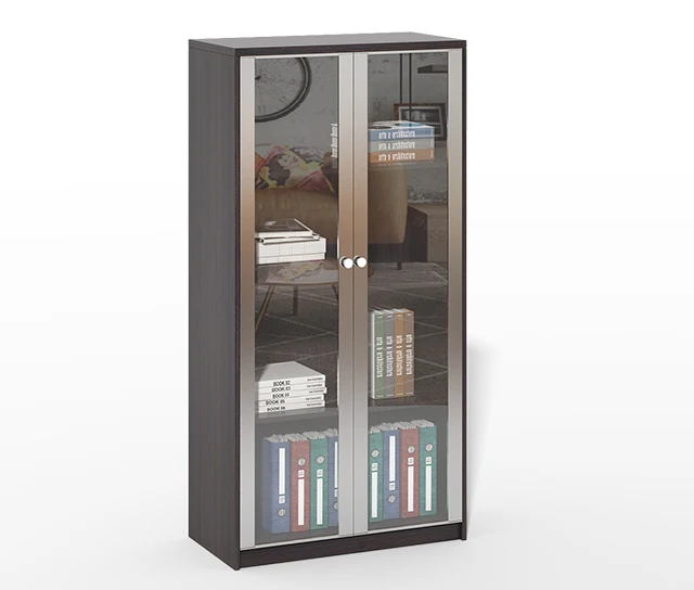 China factory furniture corner tall Aluminum frame with 2 swing glass doors bookshelf  flat file storage cabinets