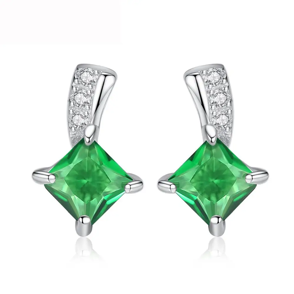 CZCITY Brand Cute Square Silver Earrings Emerald CZ Women Stud Earrings Green Crystal Jewelry