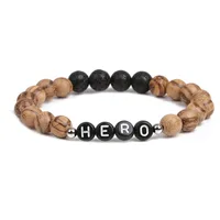 

Best Selling New 8MM Black Lava Rock with Wooden Beads Letter HERO Mens Bracelets