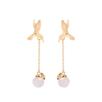 

ed02102d New Design Fashion Cute Gold Plated Hummingbird Animal Pearl Pendant Chain Earrings for Women
