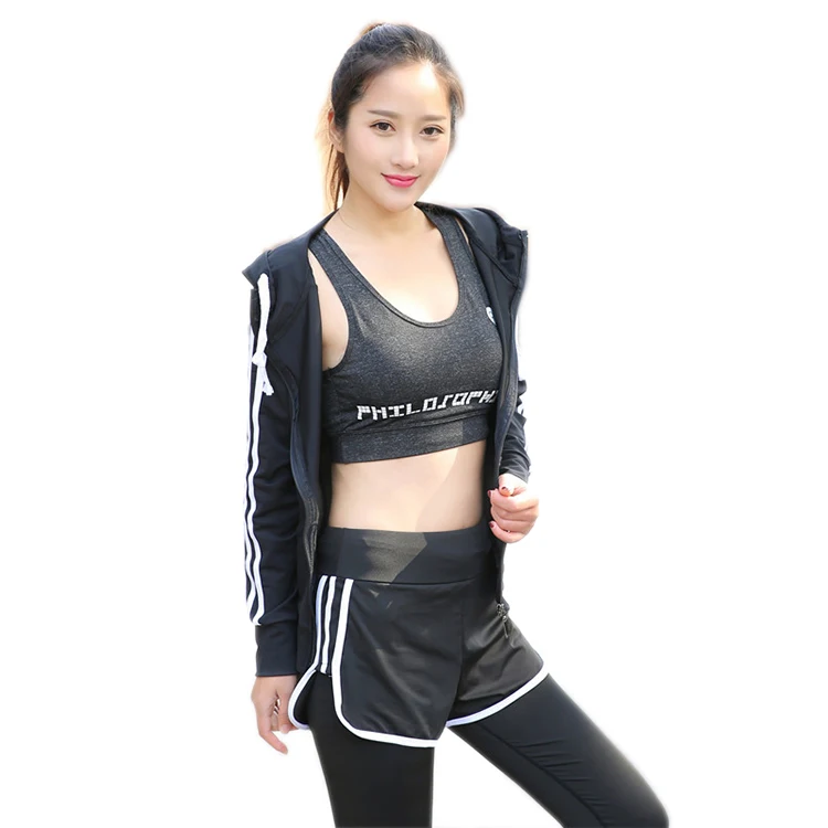

PT Sports Three Piece Sports Suit Yoga Suit Running Sportswear sports wear Bra Pants Long Sleeve Jackets For Womens, Black
