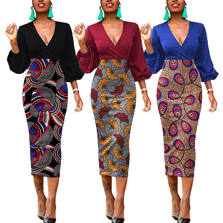 New Arrival Customized Lantern Sleeve Deep V Neck Bodycon Dress African Print Midi Dress