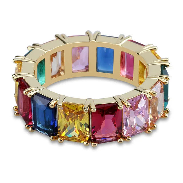 

Trend Hiphop Jewelry Micro Pave Colored Square Zirconia Rainbow Men Ring, Sliver