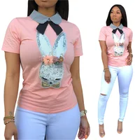 

S3563 Summer 2019 fashion casual plaid lapel sequined rabbit T-shirt woman