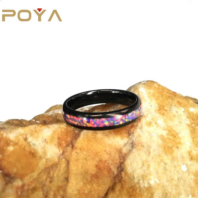 

POYA Jewelry 4mm Dome Inlaid with Fire Opal Black Tungsten Ring