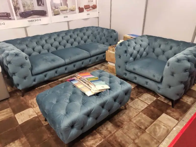 Italian style luxury home furniture iron legs living room blue velvet Chesterfield sofa set