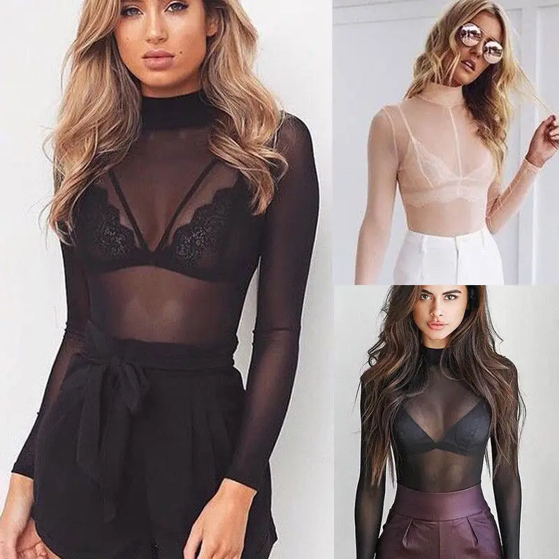 

Sexy Women Crop Top High Neck Transparent Mesh Sheer Tee Tops