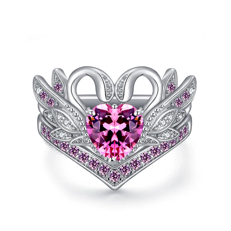 

2019 New Fashion Luxury Crystal Swan Engagement Rings Set for Women Heart Red Zircon Wedding Copper Ring (KRG019), As the picture