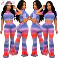 

X1023 women casual gradient color print flared pants two piece set