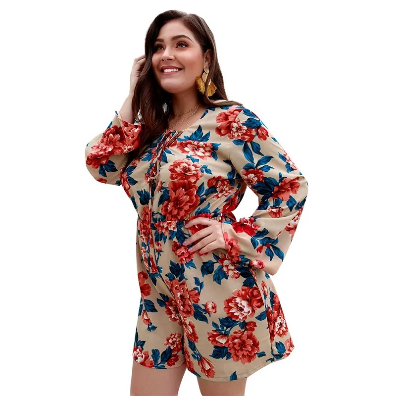 

Hot Sell Full Sleeve Floral Print Beach Overalls Plus Size Women Jumpsuit