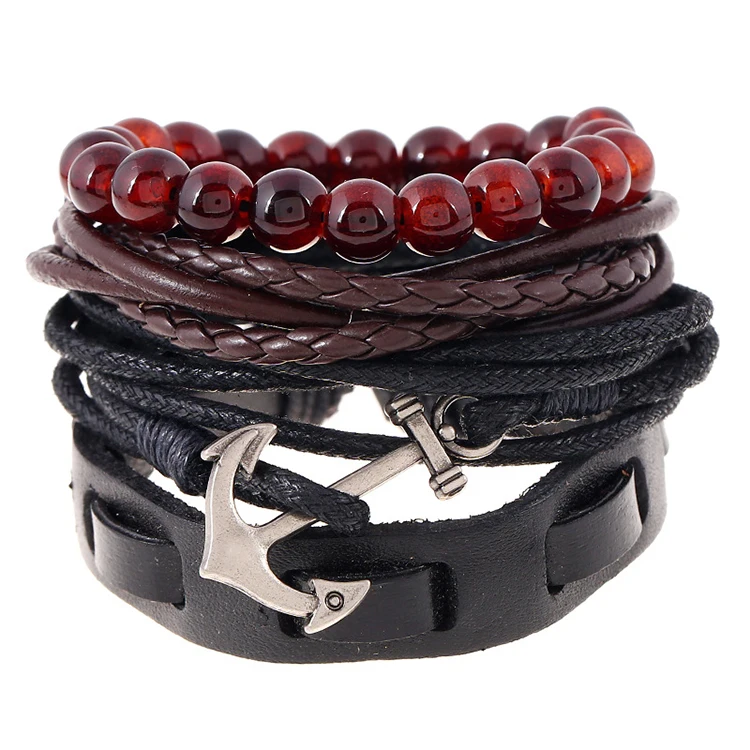 

Fashion Black Punk Bracelet Men Charm Anchor Bracelets Beads Leather Bracelet For Boy Gift (KLB7102), As picture