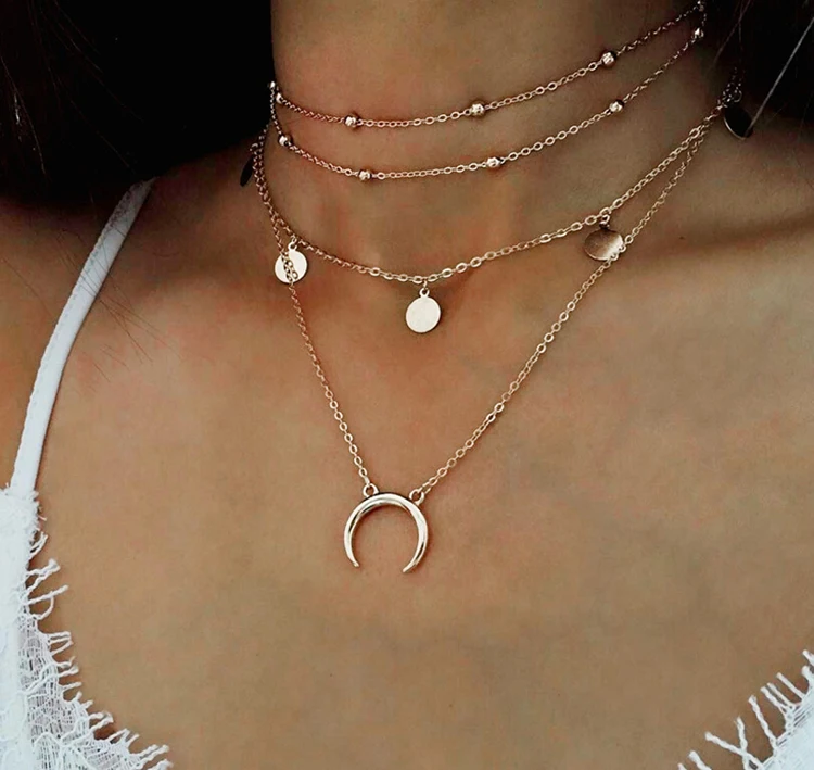 

Fashion Gold Silver Plated Layered Ball Moon Pendant Necklace Women, Silver;gold