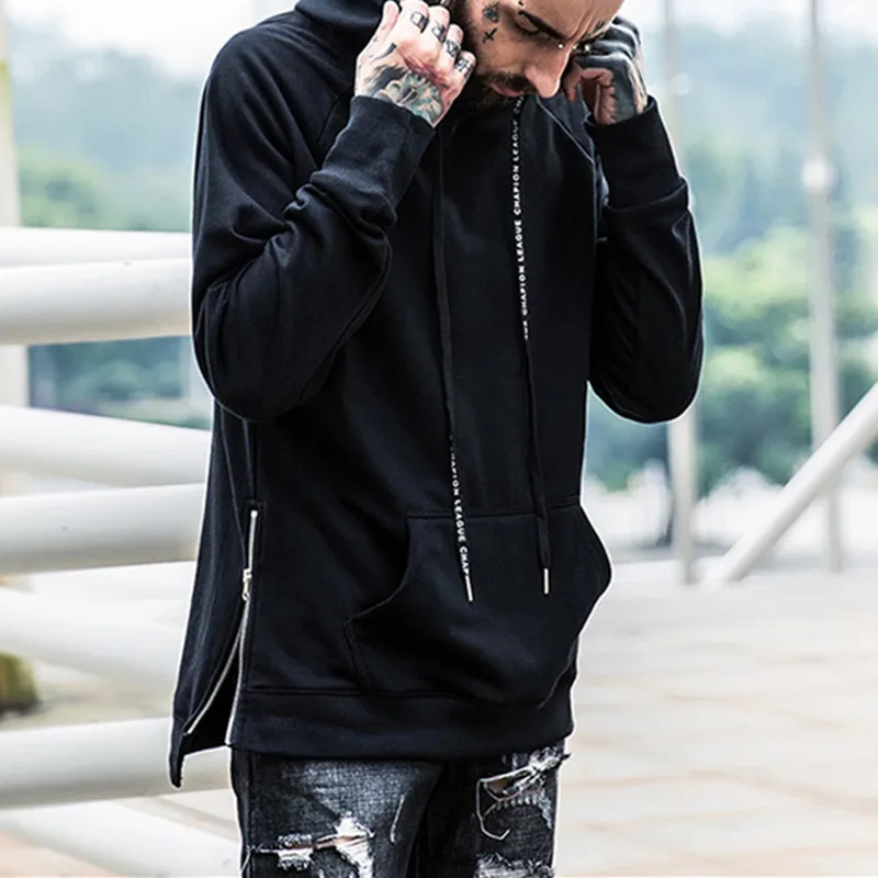 Hot Sale Street Style Cotton Cheap Plain Longline Hoodies Custom Blank Black Hoodies With Side ...