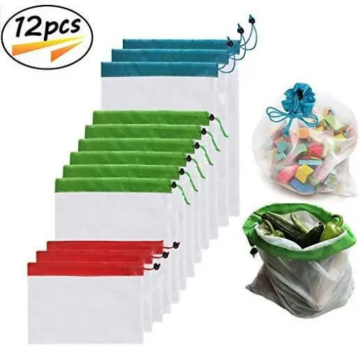 

12Pcs/set Reusable Mesh Produce Bags Premium Polyester Washable Mesh Bags for Vegetables Fruits Toys, As the picture show