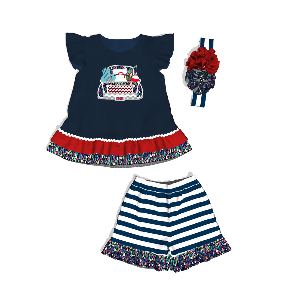 

New design children casual style kids girls boutique clothes skirts and striped shorts sets