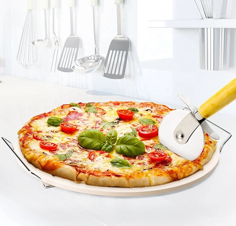 

Italian Refractory Cordierite Classic Round Pizza Stone For Cooking Pizza,Serving Rack and Pizza Cutter wheel, Nature color