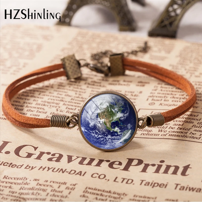 2020 Vintage Leather Bracelet Planet Earth World Globe Map Bracelets Art Glass Dome Bangle Jewelry Adjustable Bronze Bracelet