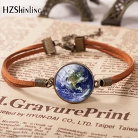 

2020 Vintage Leather Bracelet Planet Earth World Globe Map Bracelets Art Glass Dome Bangle Jewelry Adjustable Bronze Bracelet